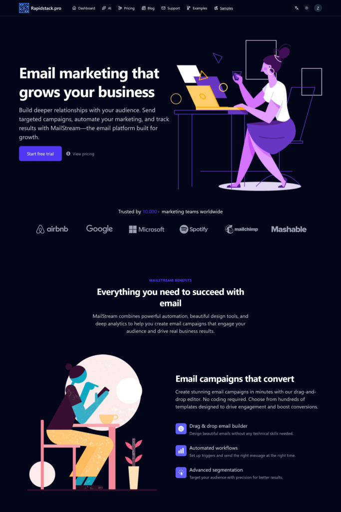 Landing 2 landing page template - dark mode preview